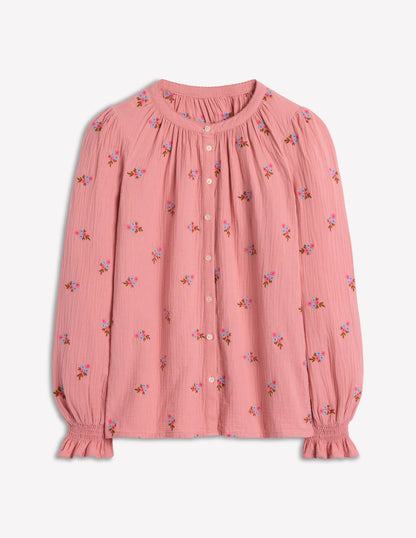 Evie Double Cloth Top-Almond Pink, Floral Embroidery