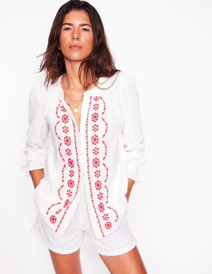 Evie Double Cloth Top-White, Red Embroidery