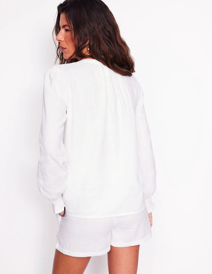 Evie Double Cloth Top-White, Red Embroidery