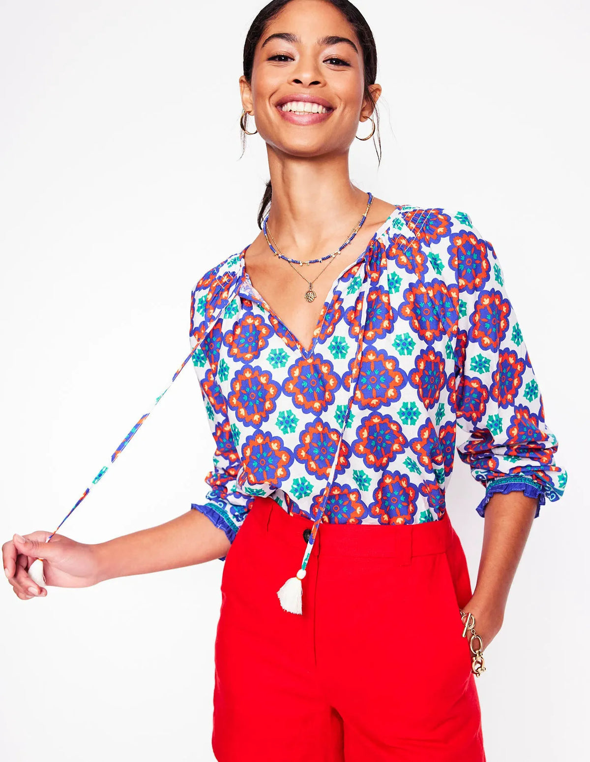 Easy Cotton Blouse-Bright Blue, Bloom Geo