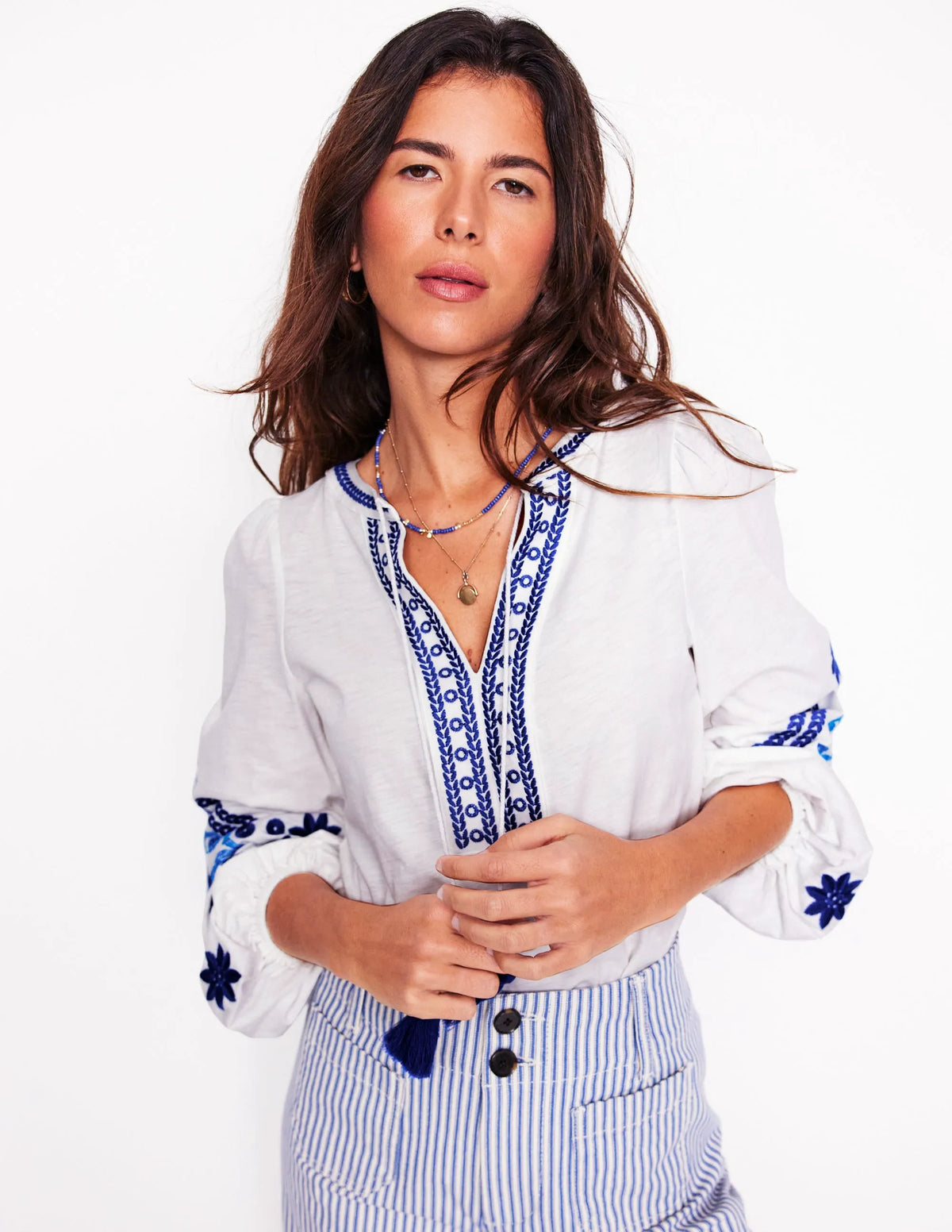 Nia Embroidered Top-White, Blue