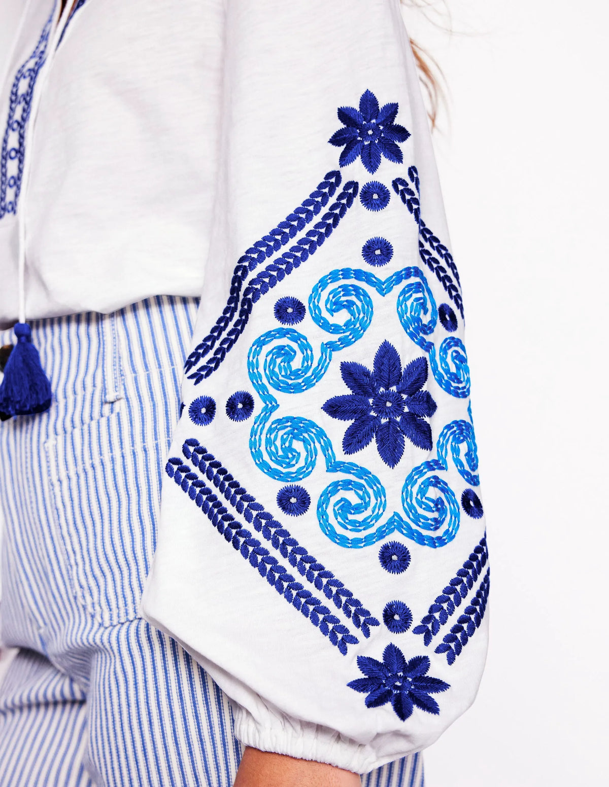 Nia Embroidered Top-White, Blue