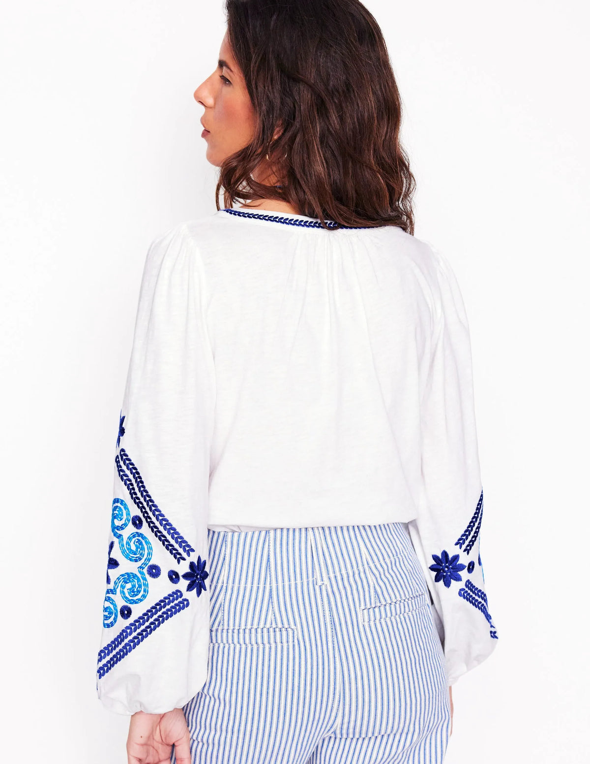 Nia Embroidered Top-White, Blue
