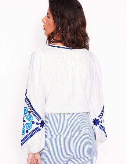 Nia Embroidered Top-White, Blue
