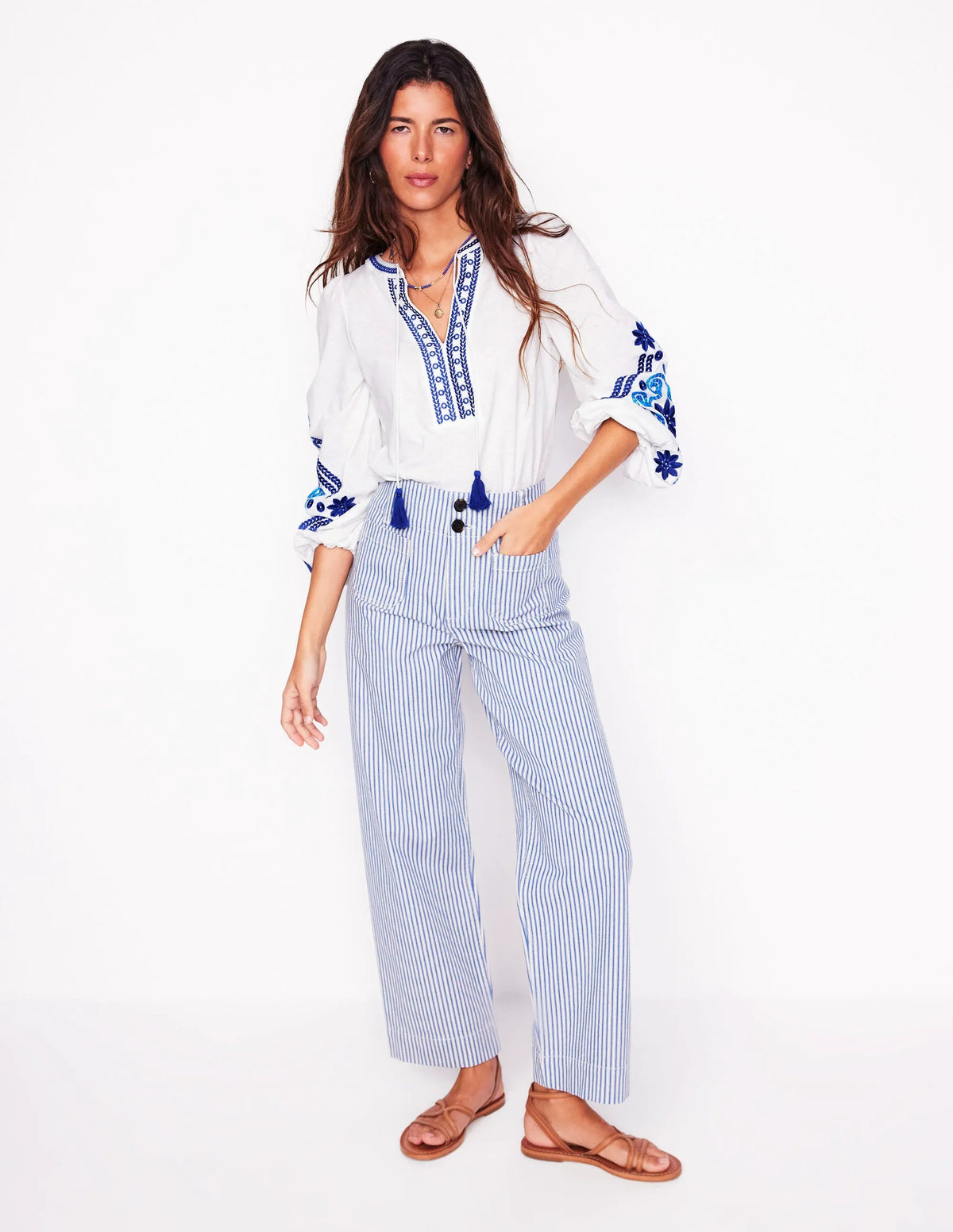 Nia Embroidered Top-White, Blue
