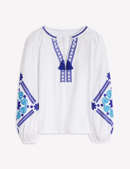 Nia Embroidered Top-White, Blue