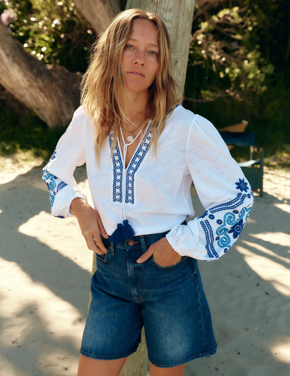 Nia Embroidered Top-White, Blue