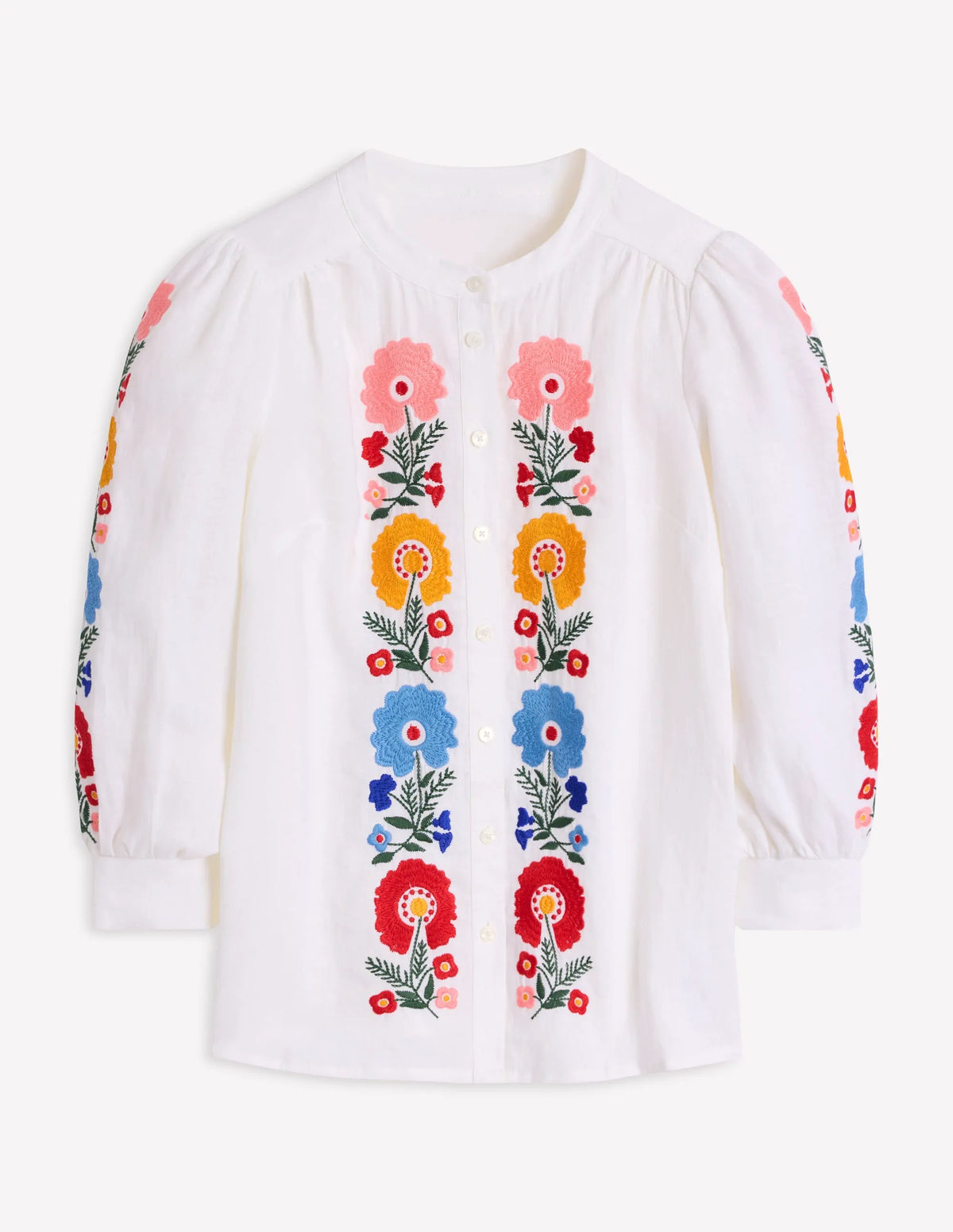 Alicia Linen Top-White, Floral Embroidery