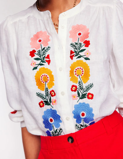 Alicia Linen Top-White, Floral Embroidery