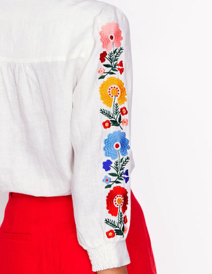 Alicia Linen Top-White, Floral Embroidery