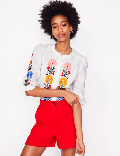 Alicia Linen Top-White, Floral Embroidery