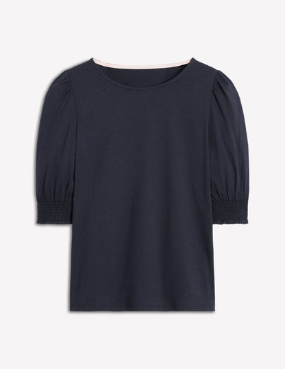 Short Sleeve Smocked Cuff Top-Navy