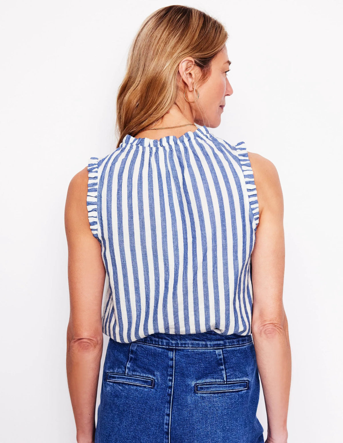 Sophie Ruffle Double Cloth Top-Bright Blue Stripe