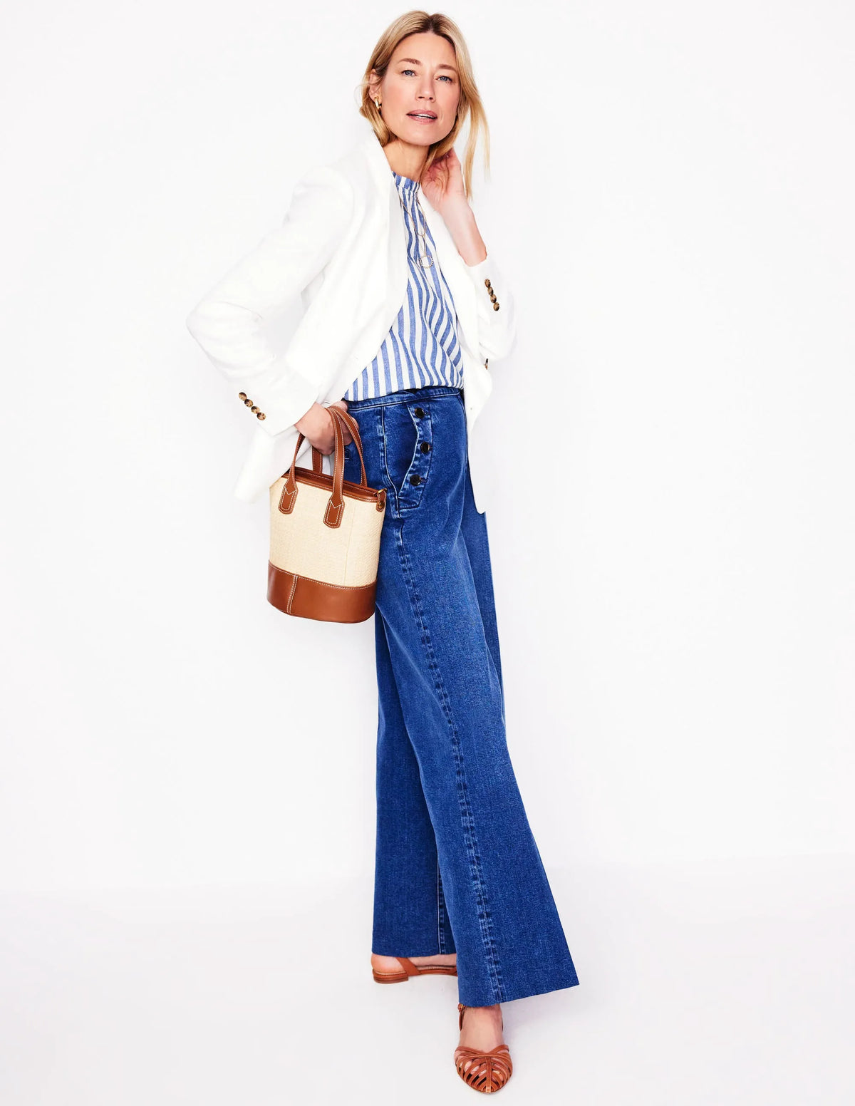 Sophie Ruffle Double Cloth Top-Bright Blue Stripe