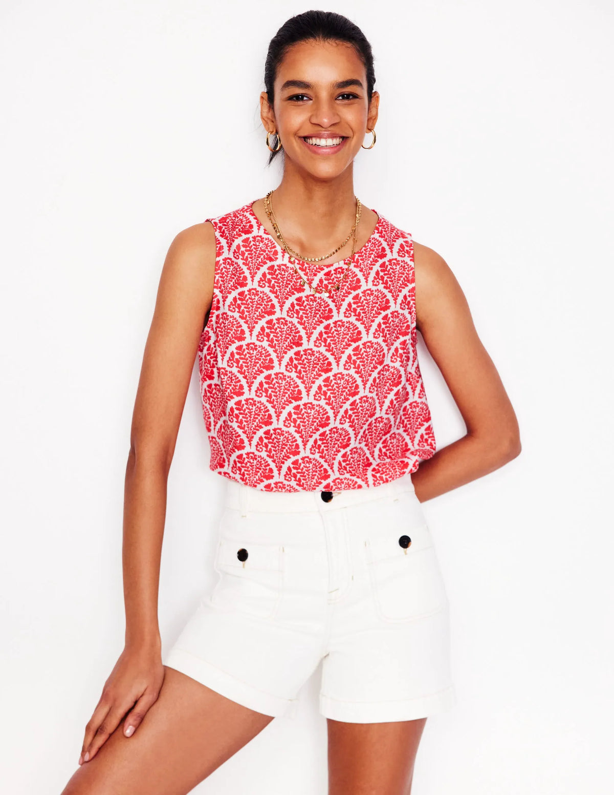Linen Shell Top-Jam Red, Blossomy
