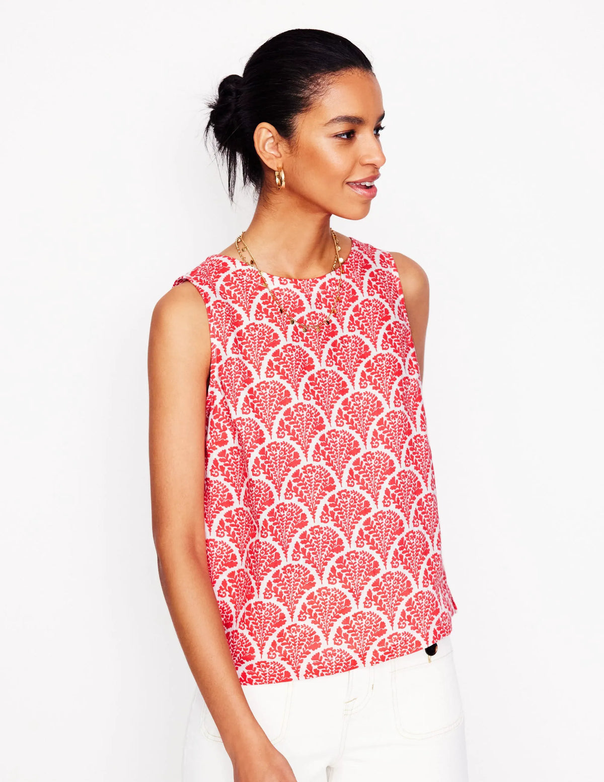 Linen Shell Top-Jam Red, Blossomy