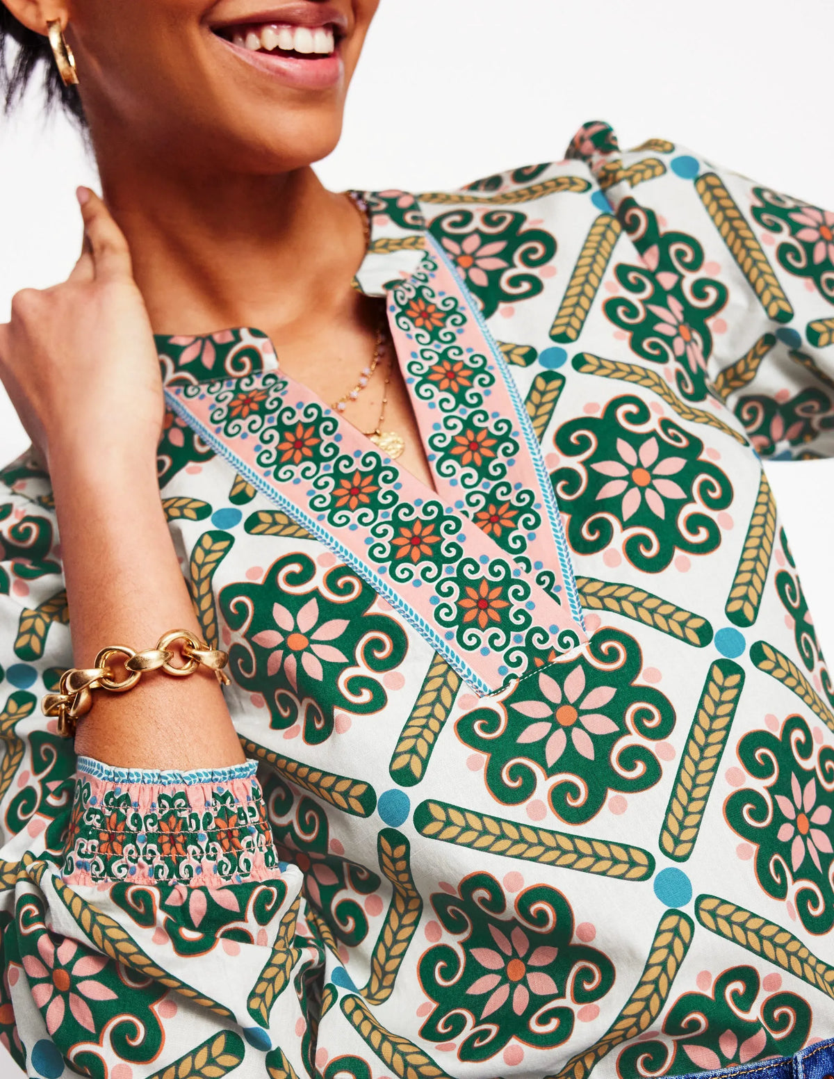 Cotton Notch Neck Top-Ivory, Baroque Tile