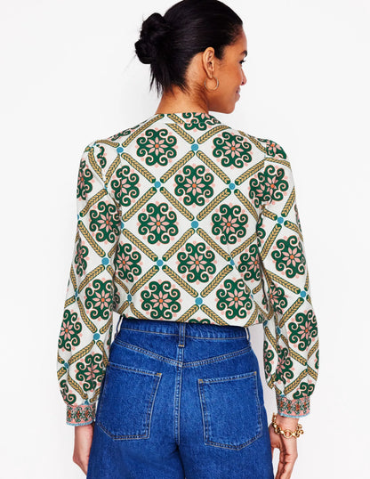 Cotton Notch Neck Top-Ivory, Baroque Tile