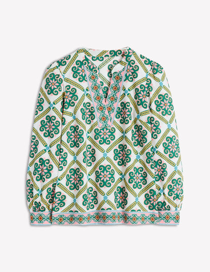 Cotton Notch Neck Top-Ivory, Baroque Tile