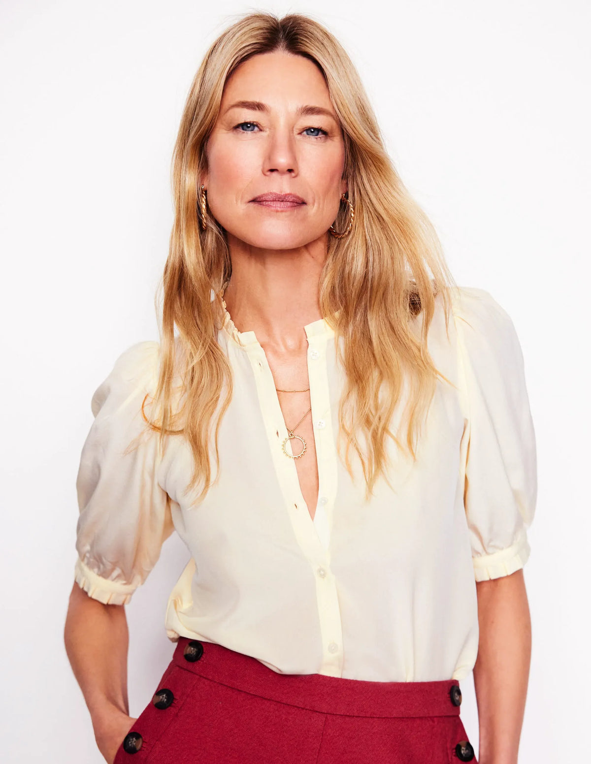Frill Detail Silk Top-Ivory