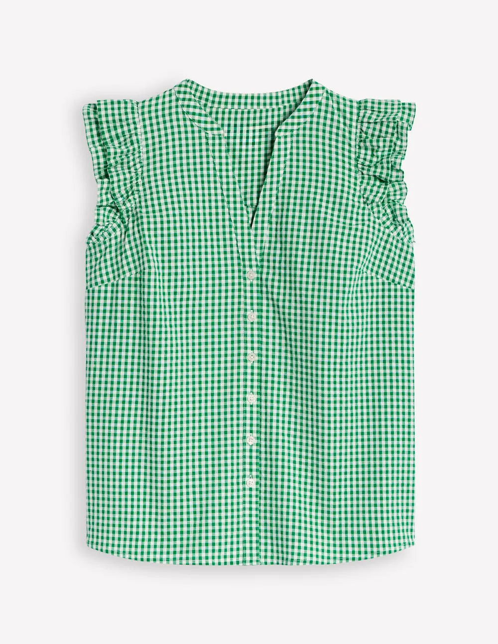 Frill Sleeve Seersucker Top-Rich Emerald Micro Gingham