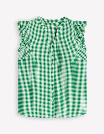 Frill Sleeve Seersucker Top-Rich Emerald Micro Gingham