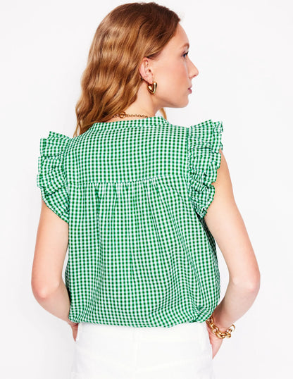 Frill Sleeve Seersucker Top-Rich Emerald Micro Gingham