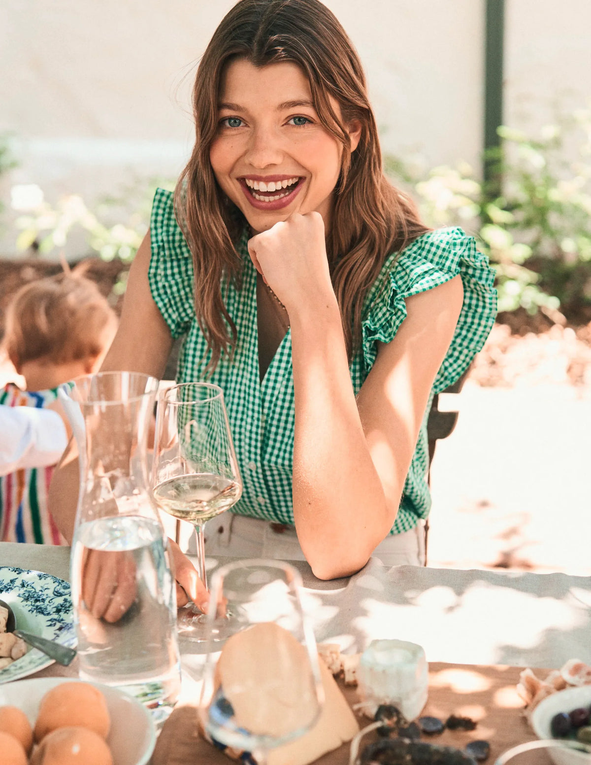 Frill Sleeve Seersucker Top-Rich Emerald Micro Gingham