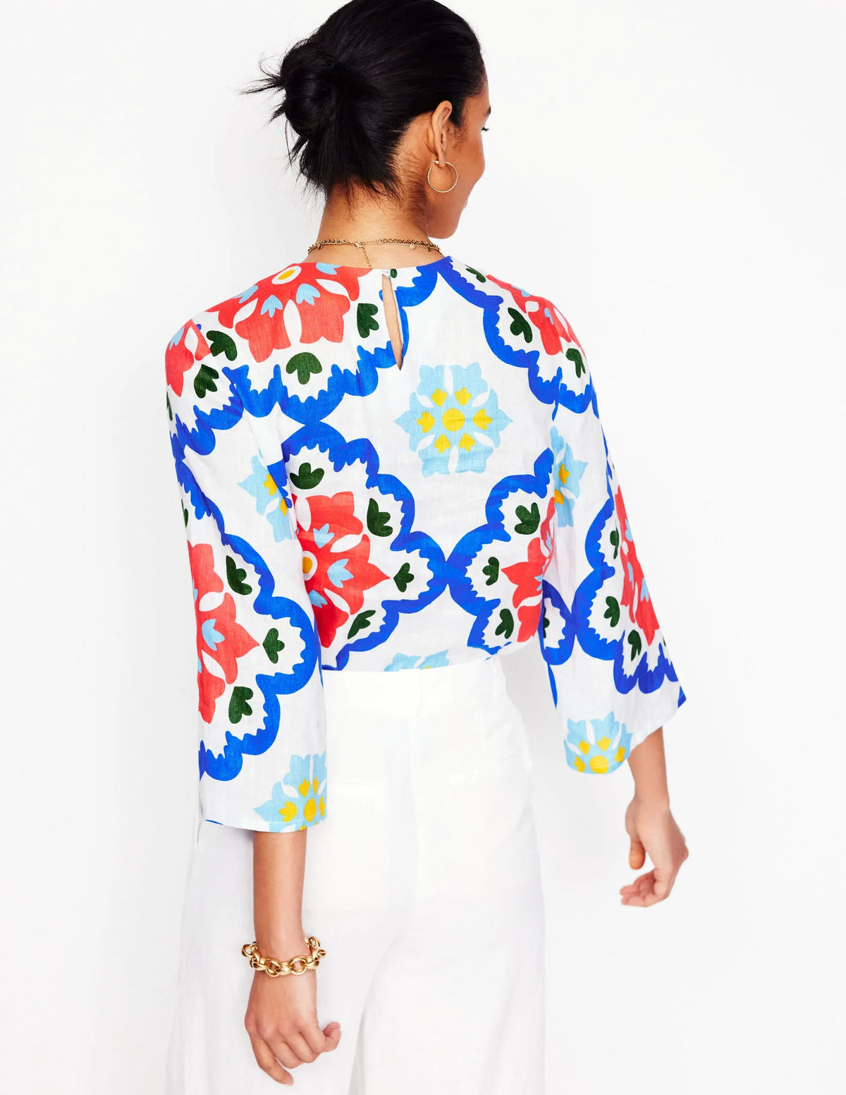 Fluted Sleeve Linen Top-Ivory, Bloom Geo