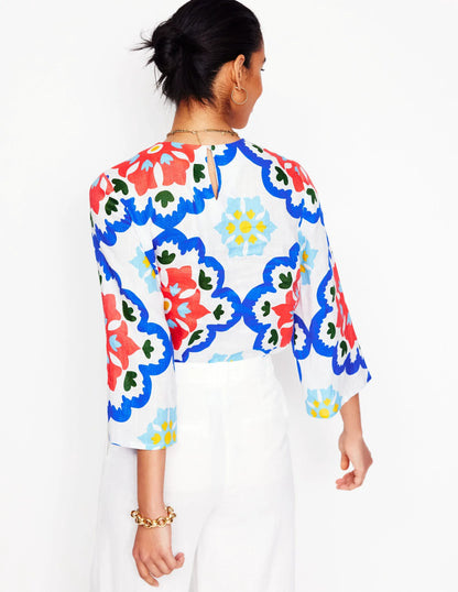 Fluted Sleeve Linen Top-Ivory, Bloom Geo