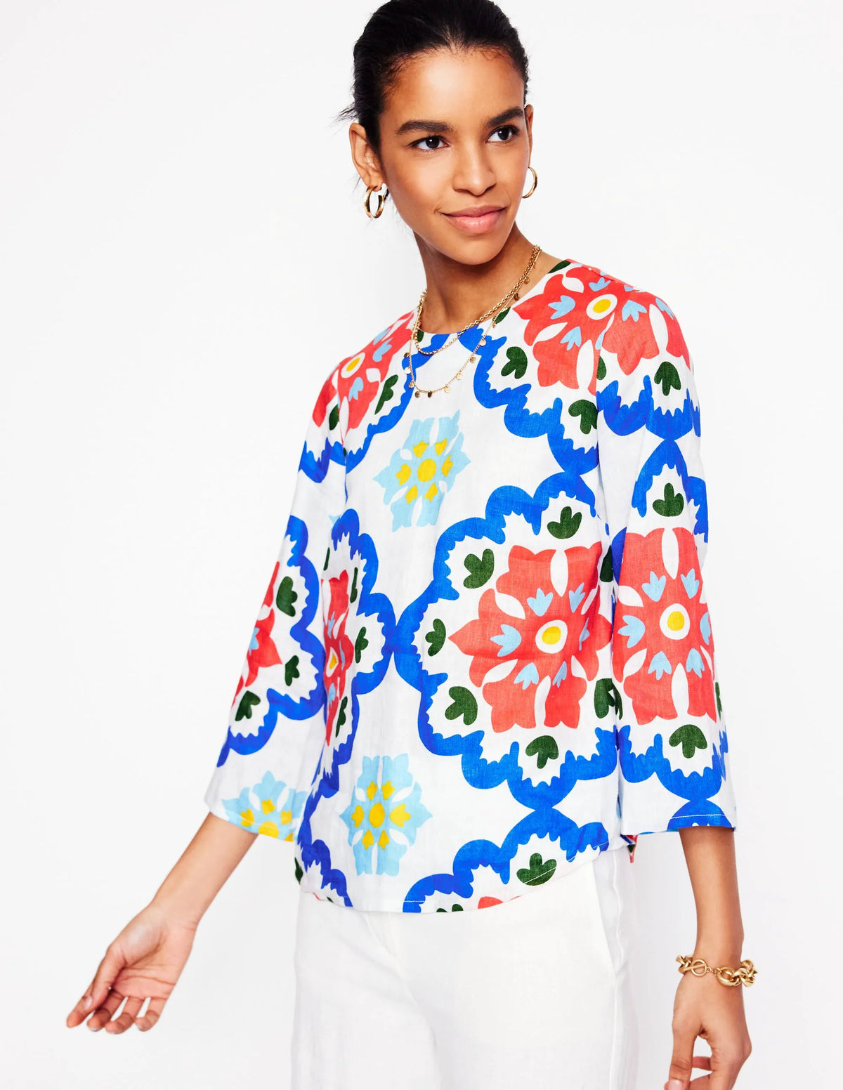 Fluted Sleeve Linen Top-Ivory, Bloom Geo