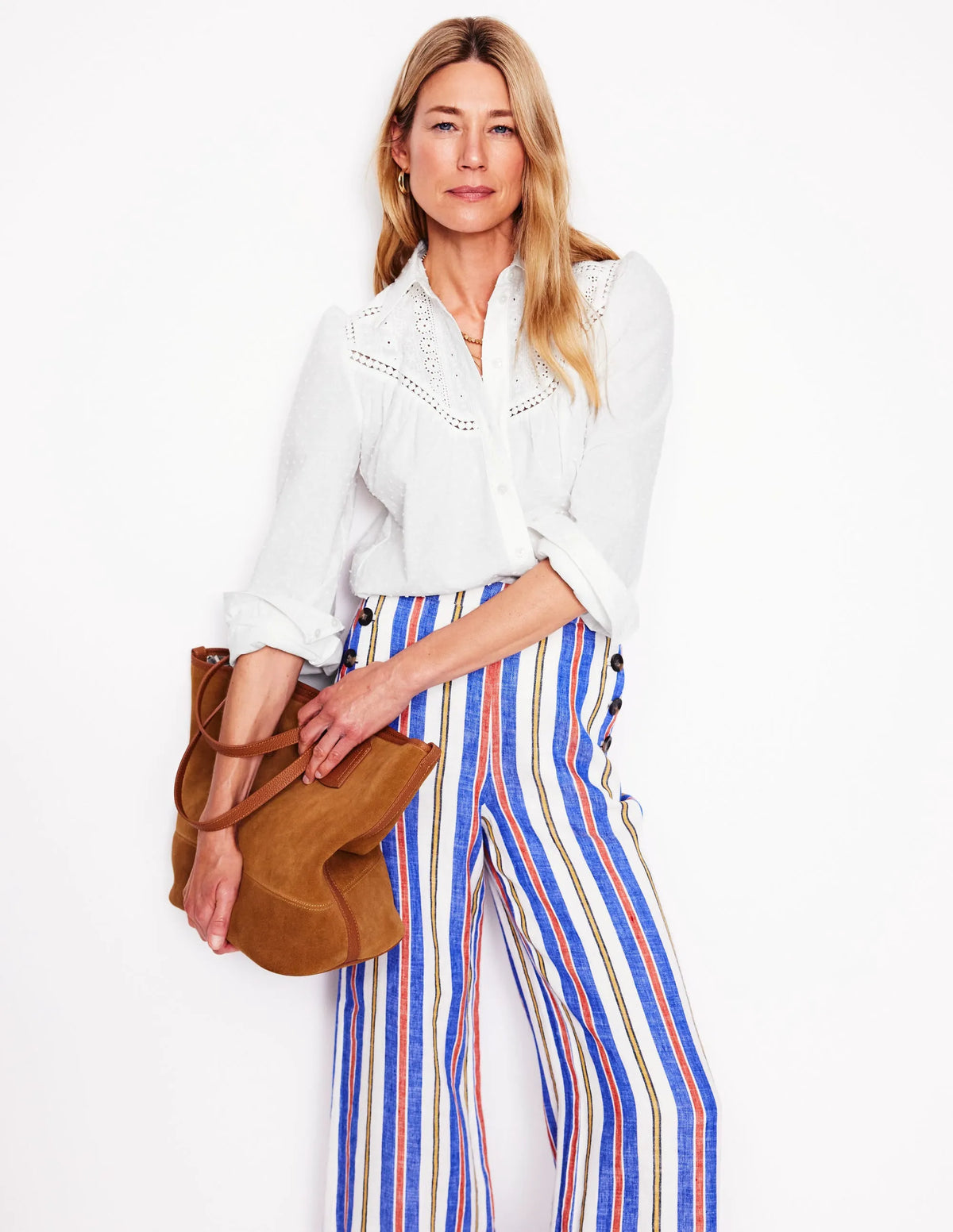 Broderie Contrast Yoke Shirt-White