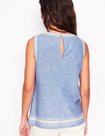 Embroidered Linen Blend Top-Chambray
