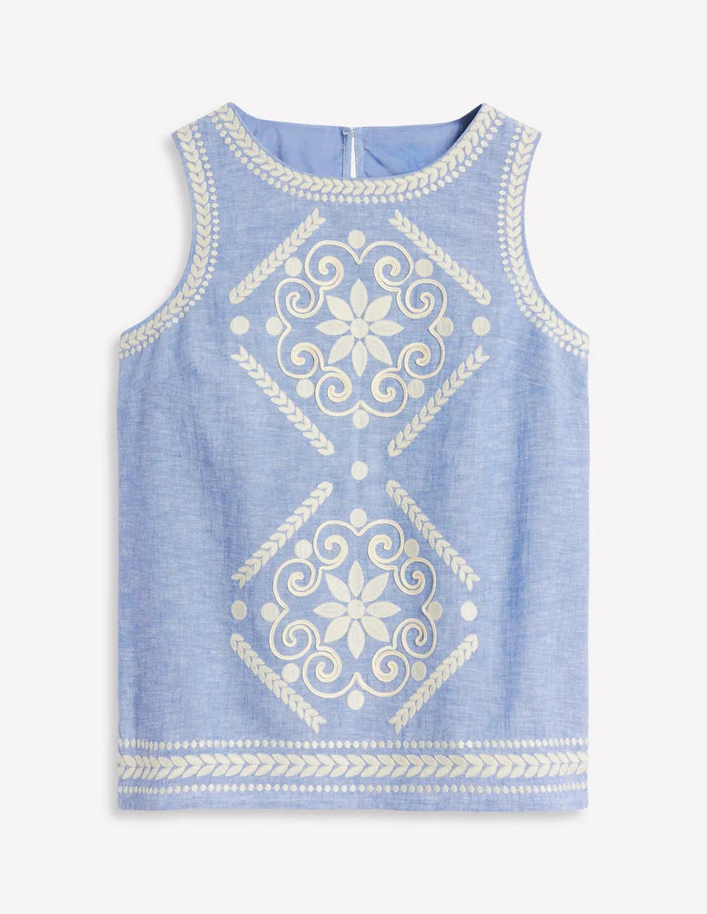 Embroidered Linen Blend Top-Chambray