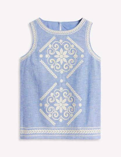 Embroidered Linen Blend Top-Chambray