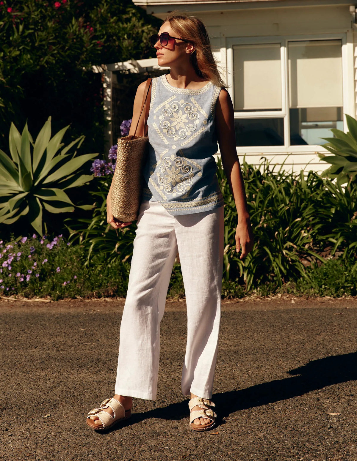 Embroidered Linen Blend Top-Chambray