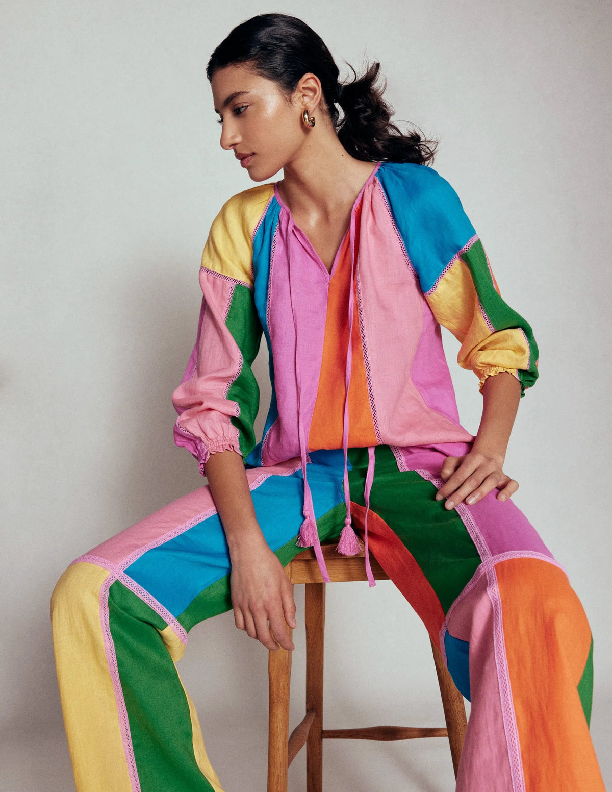 Linen Colour Block Top-Multi
