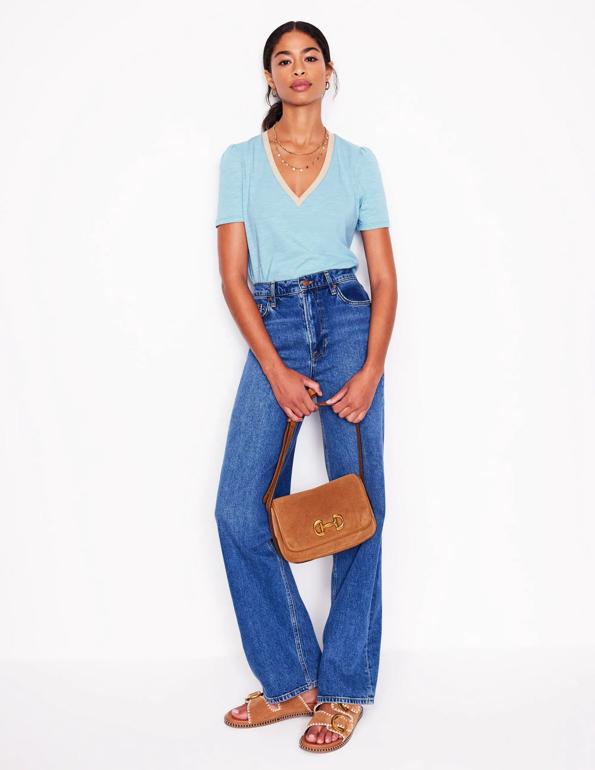 Metallic Trim V Neck T-shirt-Soft Blue