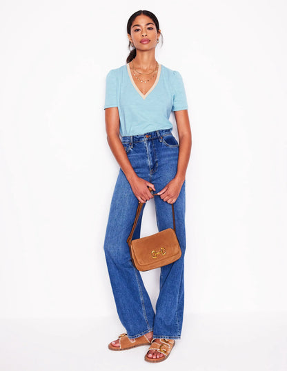 Metallic Trim V Neck T-shirt-Soft Blue