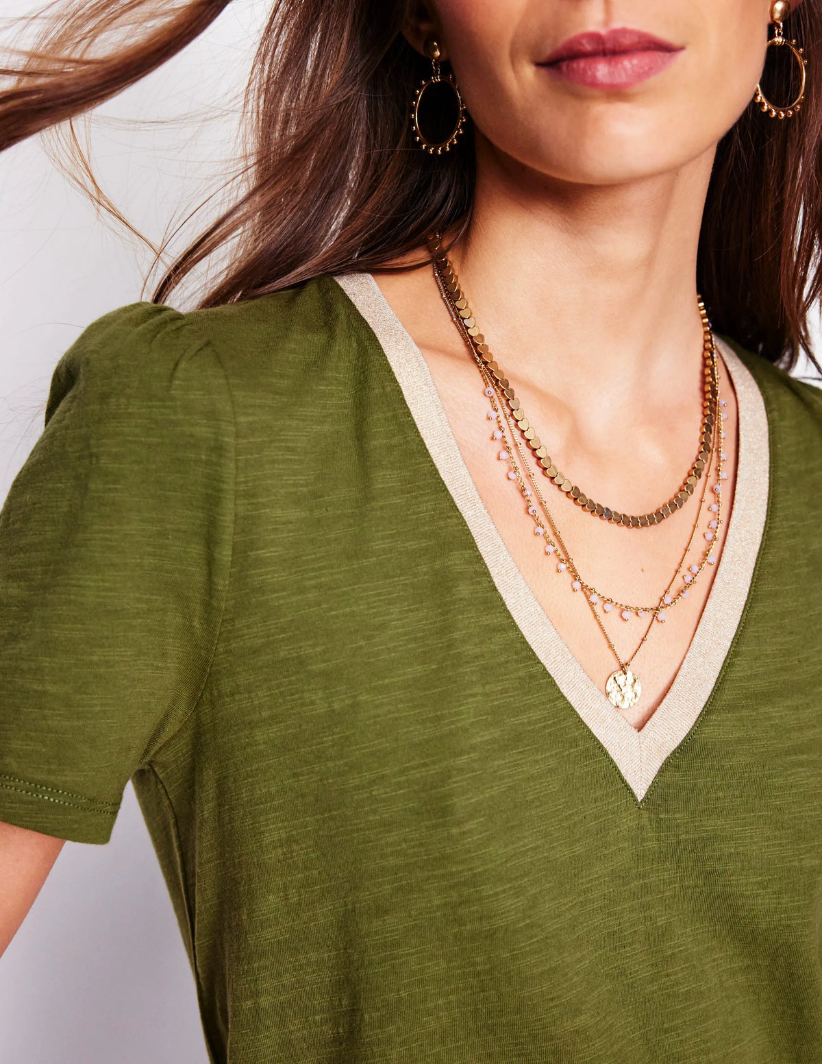 Metallic Trim V Neck T-shirt-Mayfly