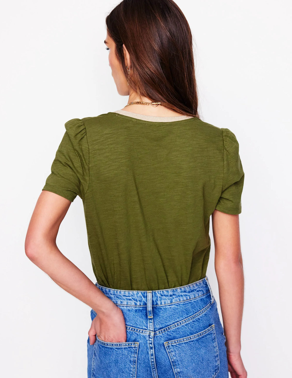 Metallic Trim V Neck T-shirt-Mayfly