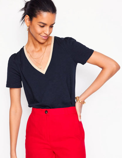 Metallic Trim V Neck T-shirt-Navy