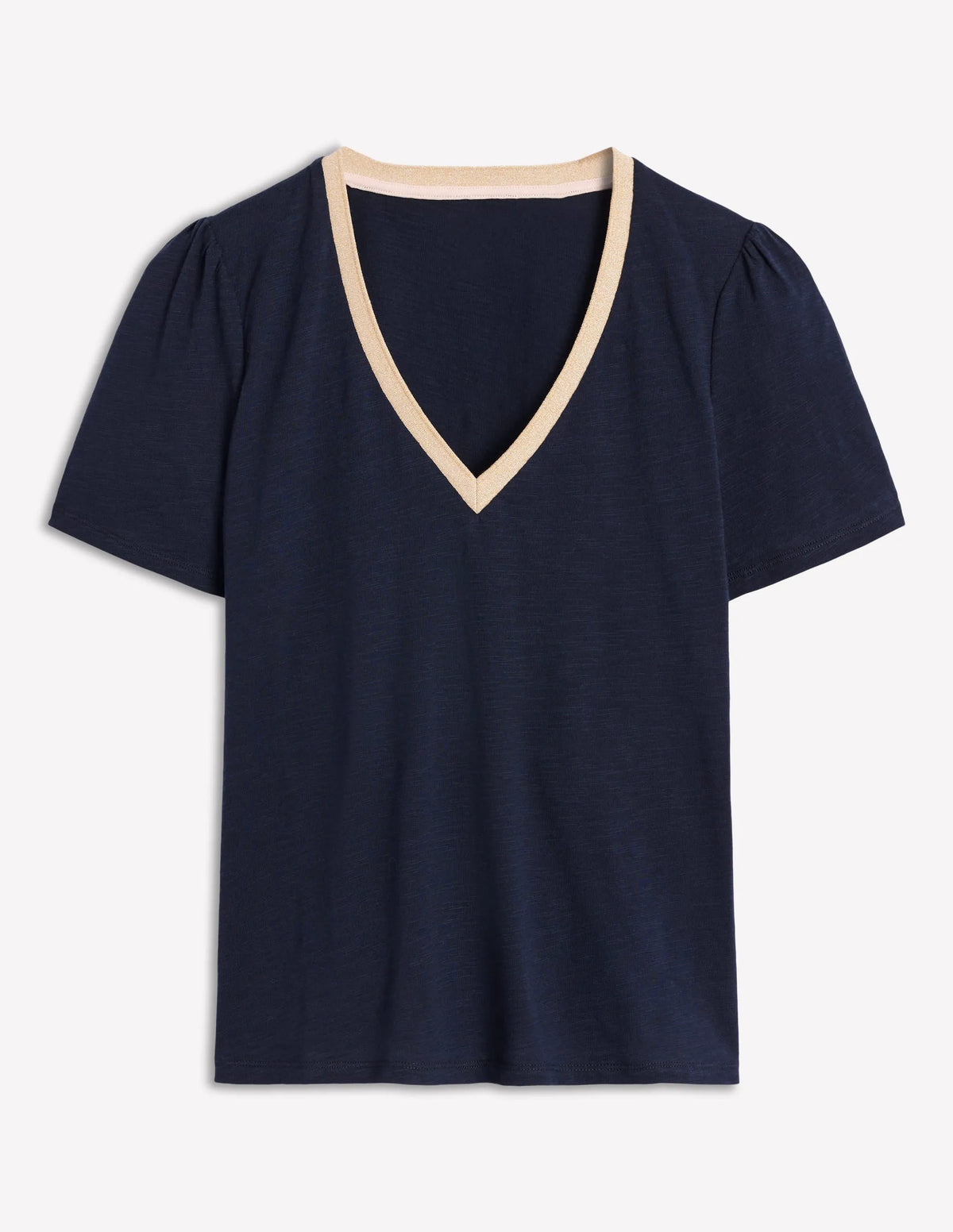 Metallic Trim V Neck T-shirt-Navy