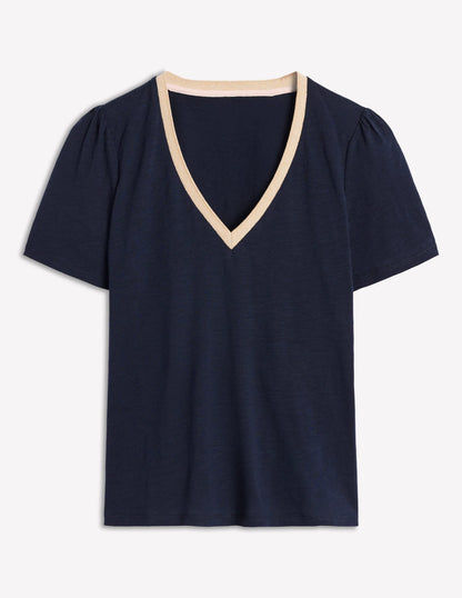 Metallic Trim V Neck T-shirt-Navy