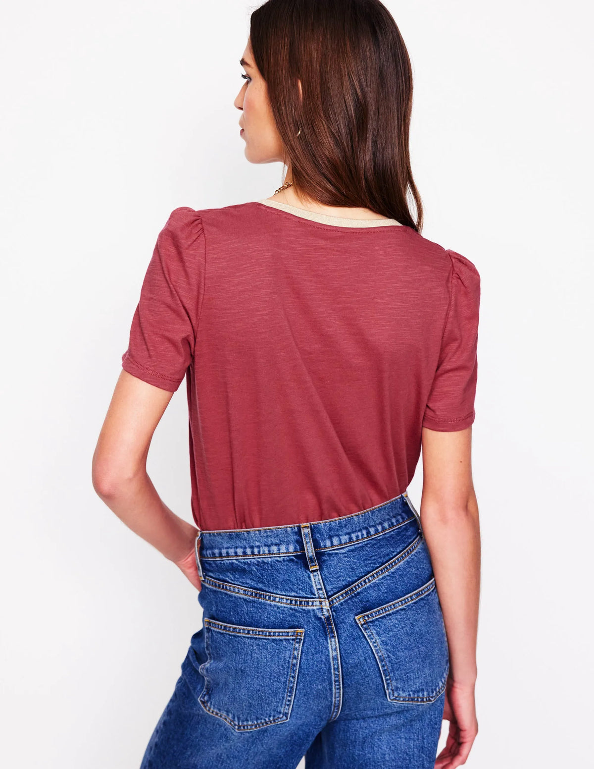 Metallic Trim V Neck T-shirt-Terracotta Red