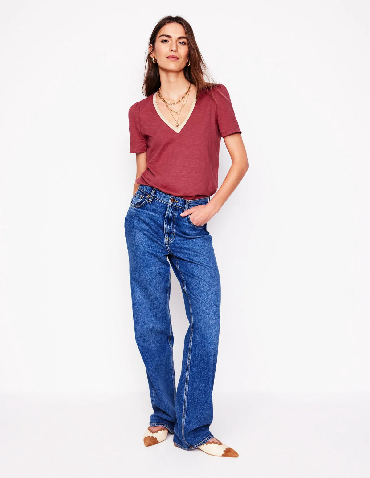 Metallic Trim V Neck T-shirt-Terracotta Red