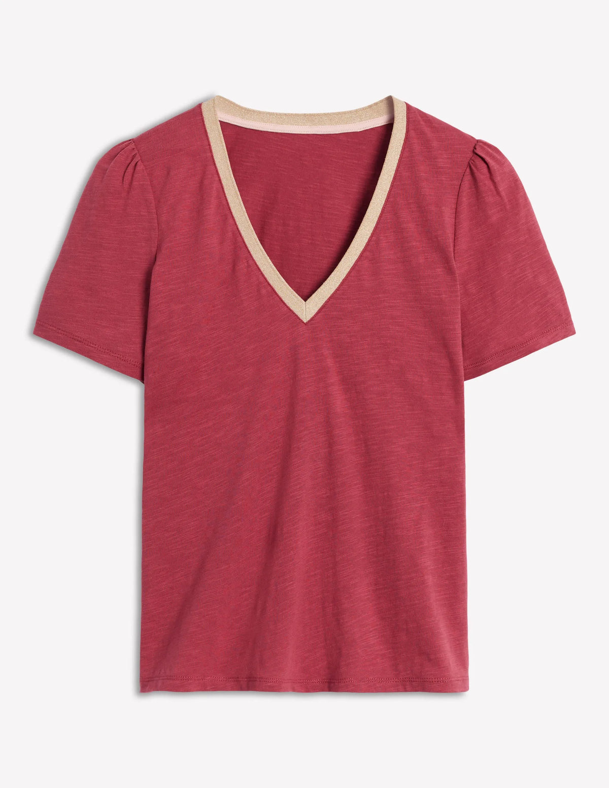 Metallic Trim V Neck T-shirt-Terracotta Red