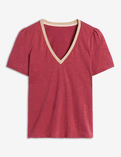 Metallic Trim V Neck T-shirt-Terracotta Red