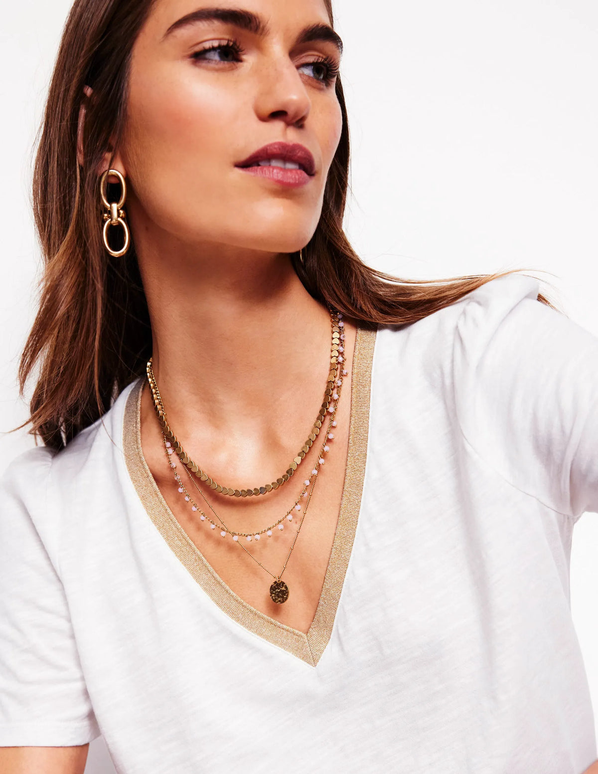 Metallic Trim V Neck T-shirt-White