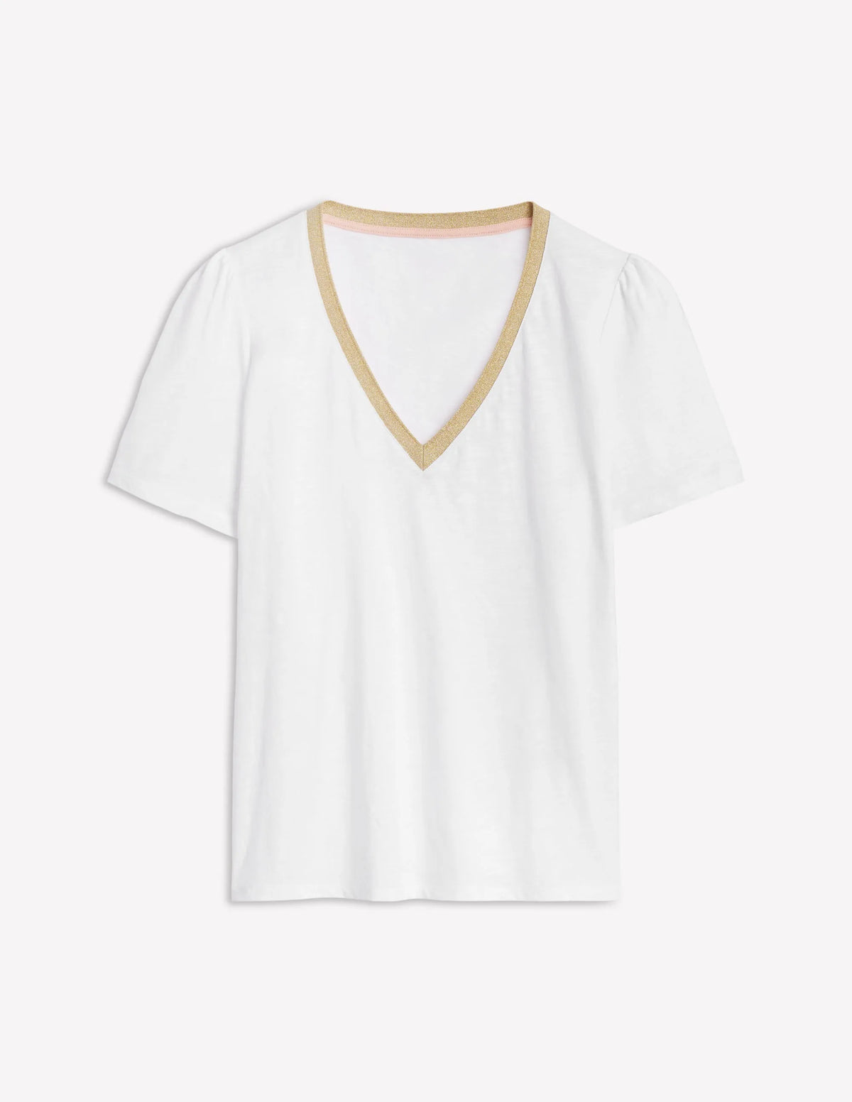 Metallic Trim V Neck T-shirt-White